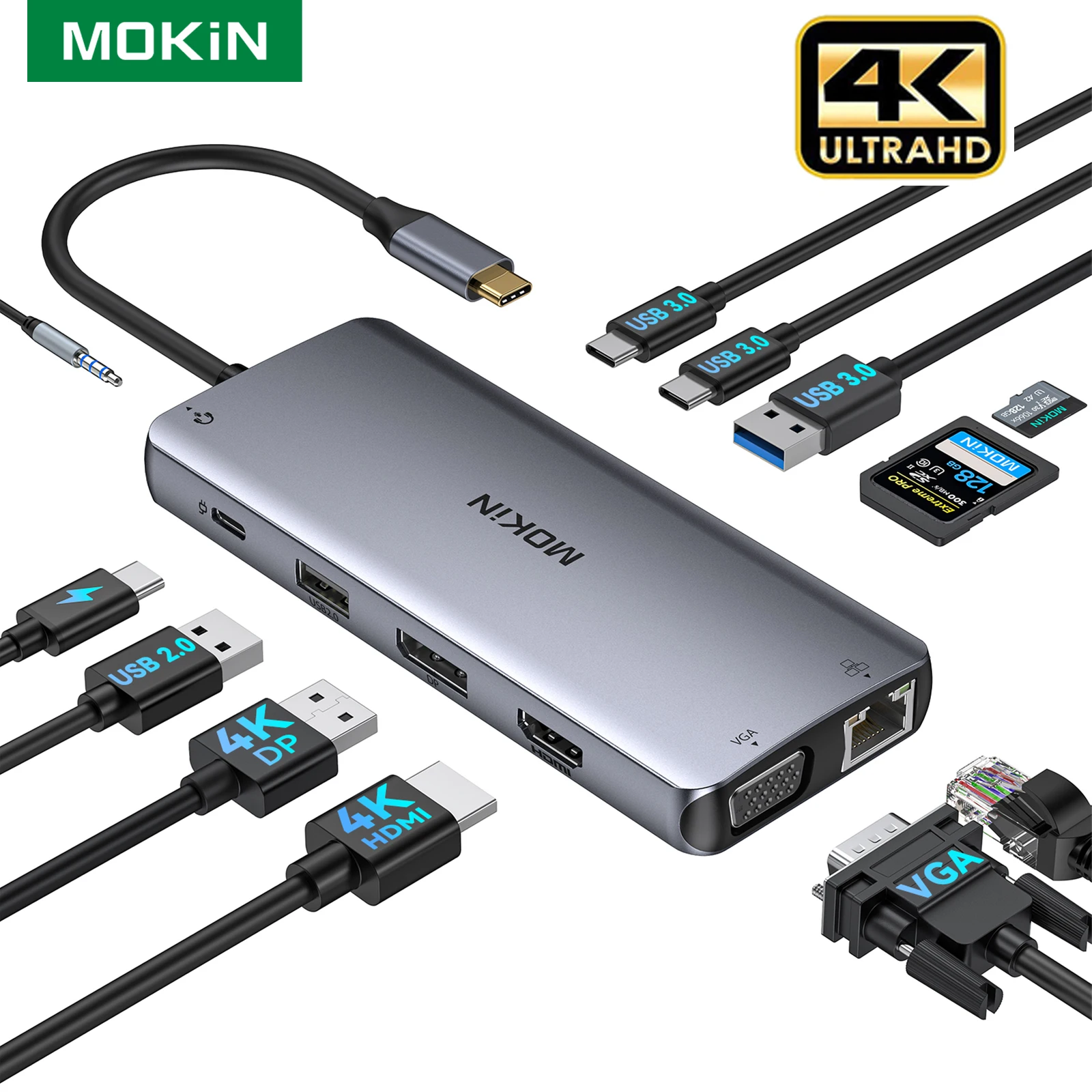 

Док-станция MOKiN USB Type-C на HDMI, 4K 60 Гц, RJ45, VGA, USB 3,0, 5 Гбит/с