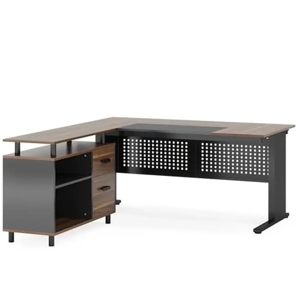 Large L-Shaped Office Desk with File Cabinet and Storage Shelves Iron Frame Premium Board Material 63