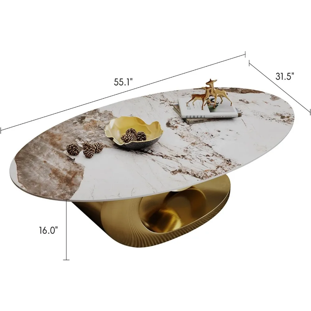 Mesa de centro moderna de pedra oval com base de metal dourado - Peça central elegante para salas de estar elegantes - 55,1" Lx31,5 Lx16 H