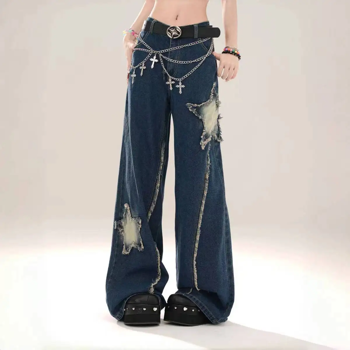 

Jeans Raw Edge Star Patch Design High Waist American Retro Vibe Women'S Summer New Loose Slimming Wide Leg Trousers