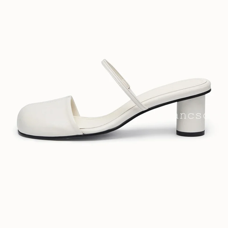Spring Summer  Genuine Leather Chunky High Heel Slippers Round Toe Slingback Sandals Women Lazy Mules Leisure Vacation Shoes