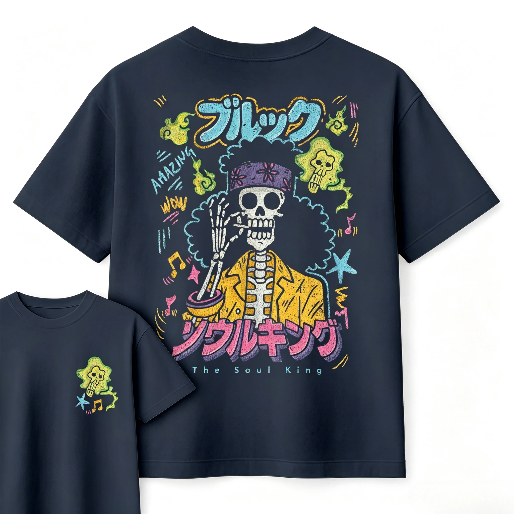 Unisex Crew Neck T-Shirt Back Large Graffiti Skeleton Musician Graphic Front Small Ghost Emblem Casual Short Sleeve Tee