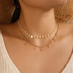 Vintage Round Sequin Chain Transparent Crystal Tassel Pendant Necklace For Women Female Fashion Multilevel Gold-plate Jewelry