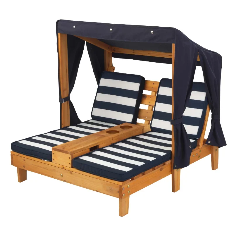 KidKraft Wooden Outdoor Double Chaise with Cup Holders, Honey & Navy