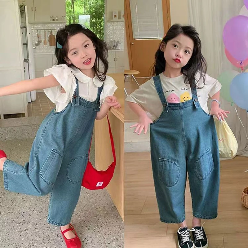 

Korean Style Children's Denim Overalls Spring Autumn Summer Casual Fashion Thin Jeans Girls Loose High Waist Pants Overalls