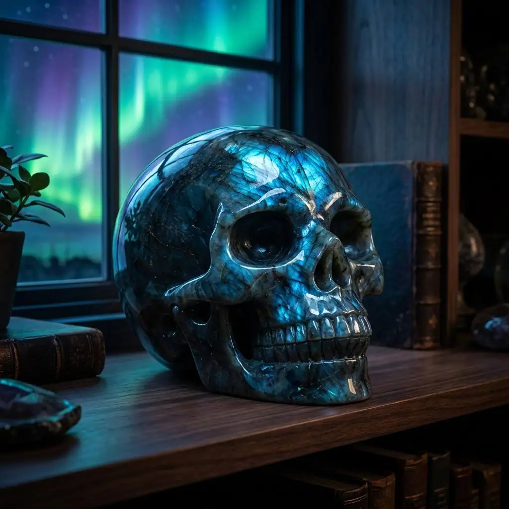Natural Labradorite Crystal Skull 2-3 Inch High Quality Gemstone Jewelry Handmade Mirror Polished Aurora Flash Skull Figurine Home Office Desktop Decor Statue Collectible Mineral Specimen Meditation Spiritual Birthday Holiday Gift Ornament