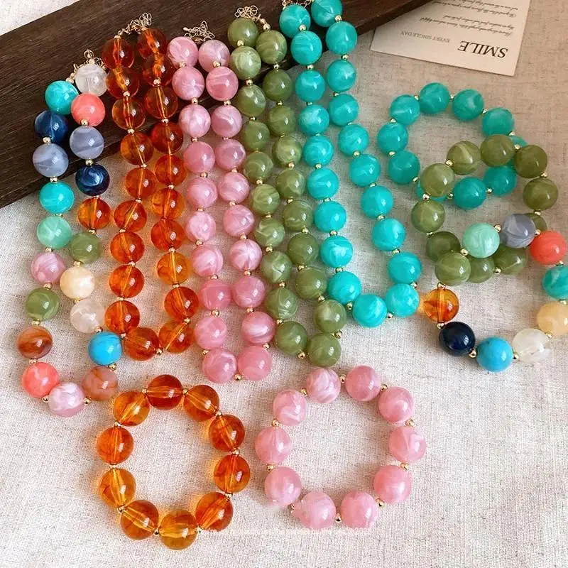 Colorful Handmade Bohemian Acrylic Beaded Choker Lightweight Necklace for Women Outdoor Picnic Wear