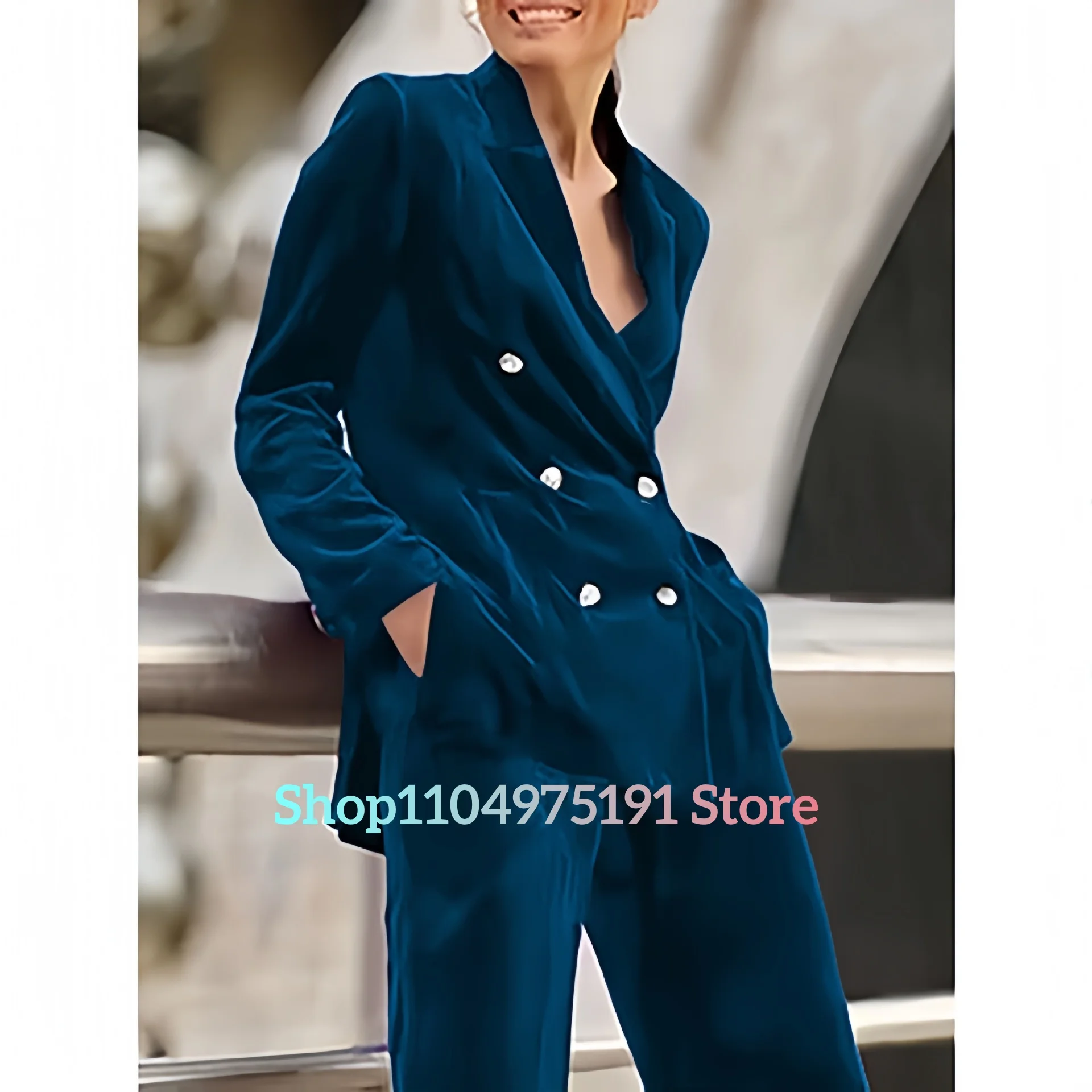 Dames fluwelen blazerset met dubbele rij knopen Retro elegante losse casual mode jas en broek tweedelige set. Beroemdheidsjurken.