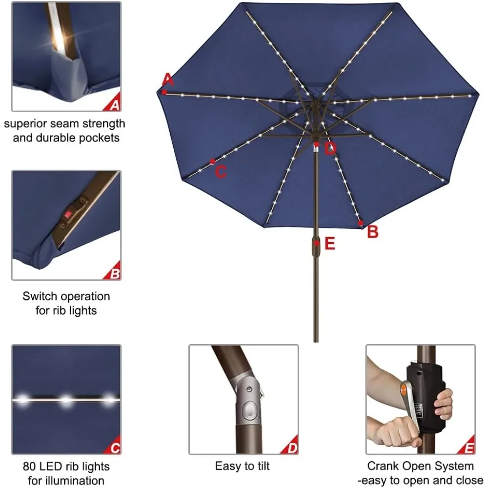 

USA 10-Year-Non-Fading Solar 9ft Market Umbrella with 80 LED Lights Patio Umbrellas Outdoor Table Umbrella with Ventilation, Na