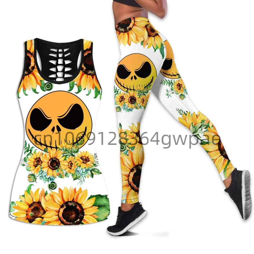 Disney Jack Skellington Women Cutout Tank Top Leggings Yoga Set Summer Fitness Tracksuit Hollow Tank Top Leggings Set