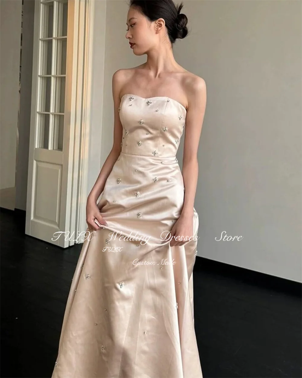 TULX Princess Satin Diamond Wedding Dress Korea Photo Shoot Sweetheart A line Floor Length Bridal Party Dress Corset Customized