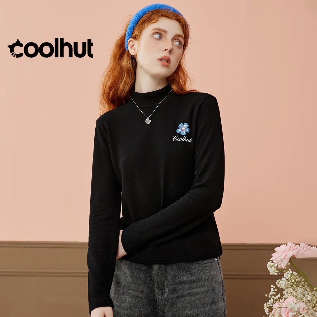 COOLHUT New Arrival Women's 2025 Textured Brushed Tee Mock Neck Long Sleeve Printed Spring Top Lightweight Layering Essential