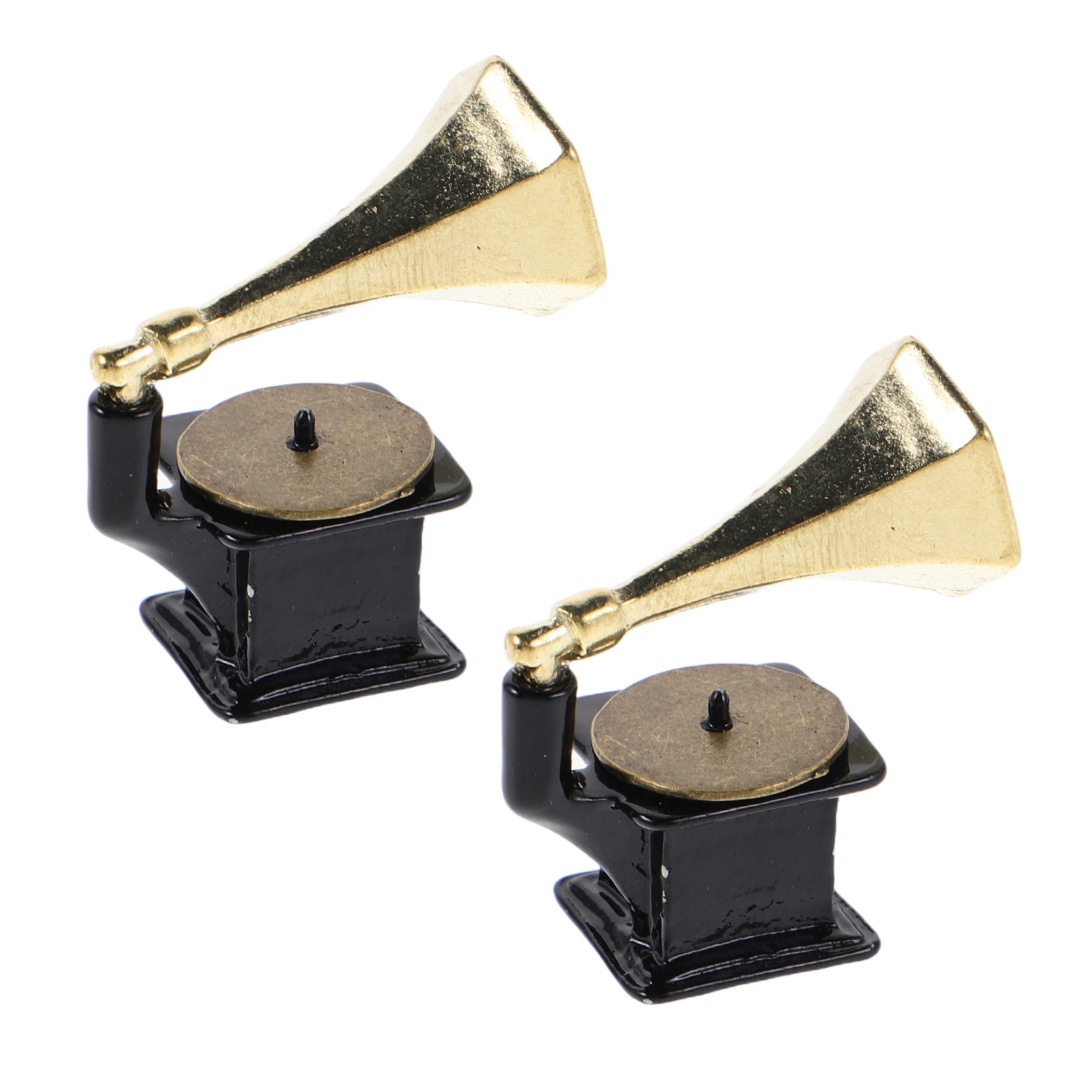 

2Pcs Vintage Phonograph Model Mini Record Player Retro Dollhouse Accessories Realistic Metal Simulation Retro Record Player