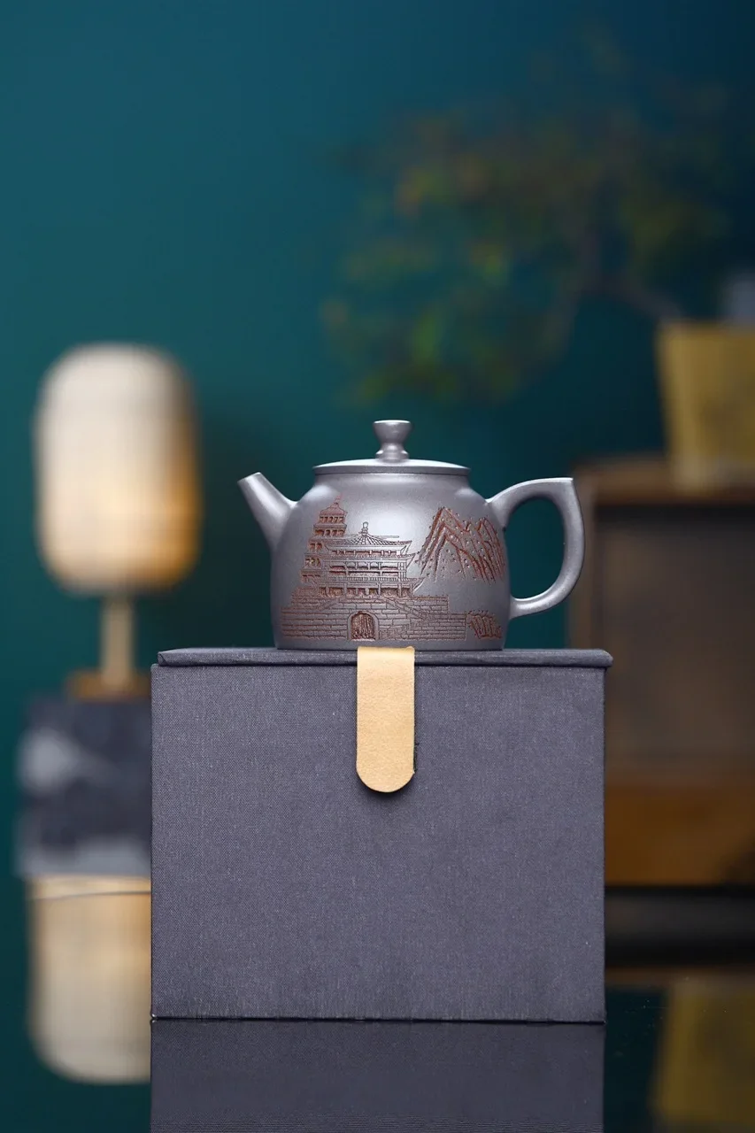 Yixing Handmade Carved‑Scenery Jinzhong Zisha Teapot, Private‑Stored Natural Azure‑Blue Clay, Household Kung Fu Brewing Teapot