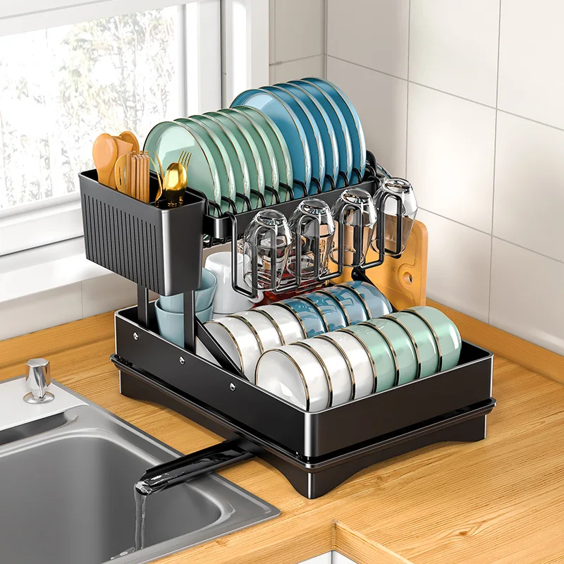 

2-Tier Kitchen Draining Dish Carbon Steel Storage Rack With Plate Bowl Cup Large Dish Drying Rack With Flip Door Over Sink Black