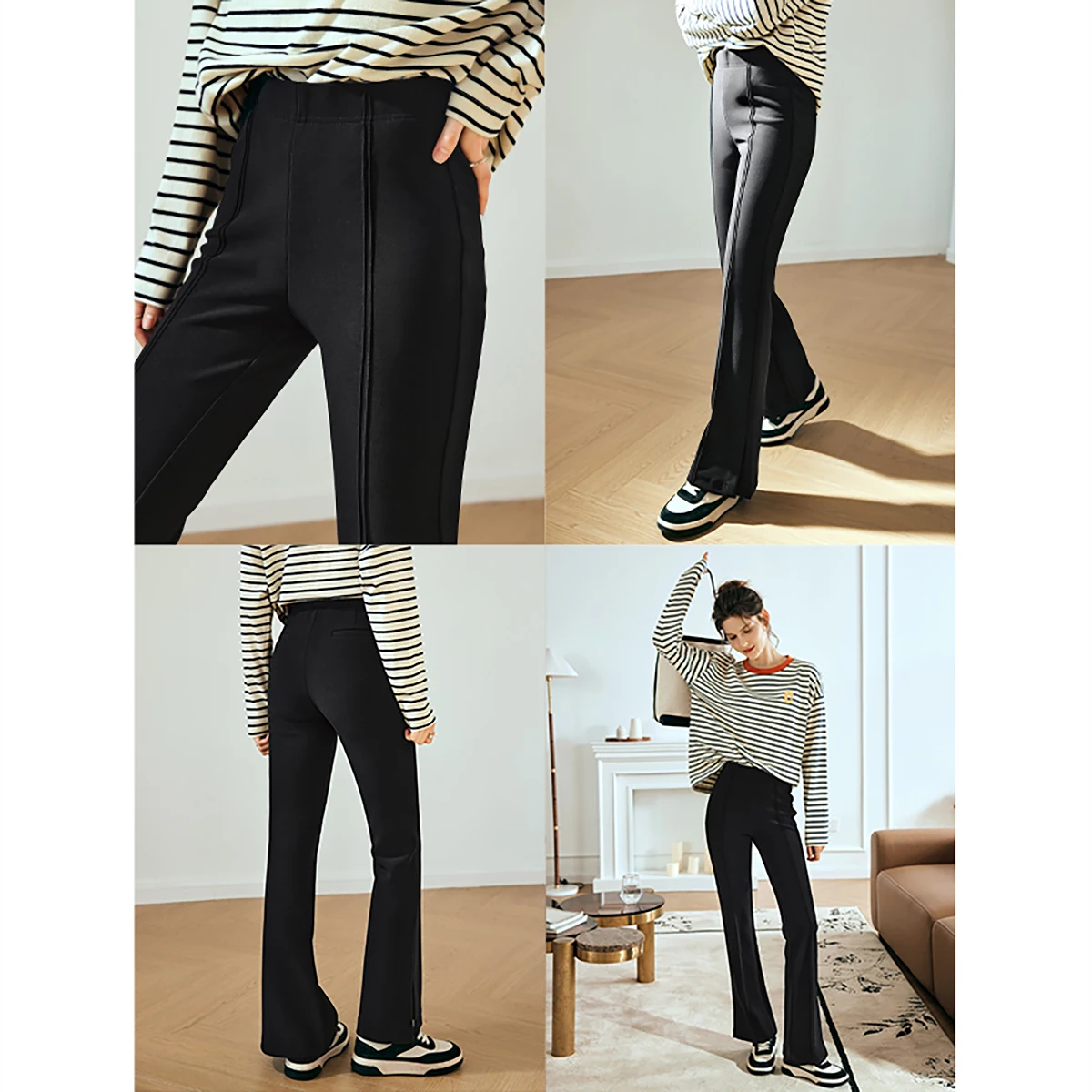 OLrain Black Knit Flare Pants for Women 2025 Summer Fashion Casual Simple Elastic Waist Full-length Trousers Women O23QK69081