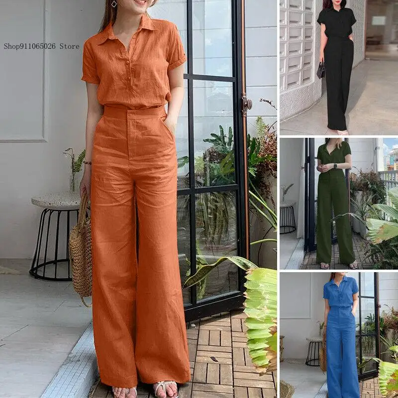European American Spring and Autumn Summer Collar Cotton and Linen Pure Color Short Sleeve Pocket Wide Leg Pants Set for Women