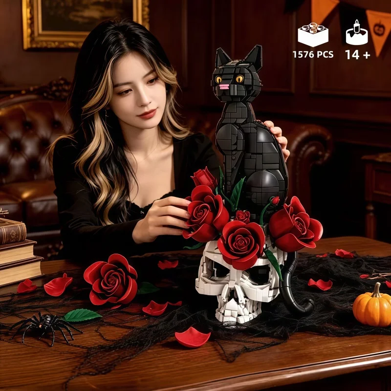 1576 particle style black cat assembly building blocks, skull vase with red rose bouquet, creative desktop art decoration collec