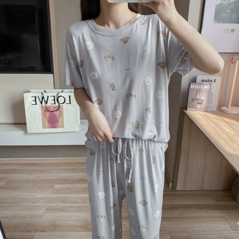 Kuzuwata Korean 2024 Summer Sets Womens Outfits Cartoon Bear Dog Modal Short Sleeved Pants Pajamas Loose Soft Printed Sleepwear