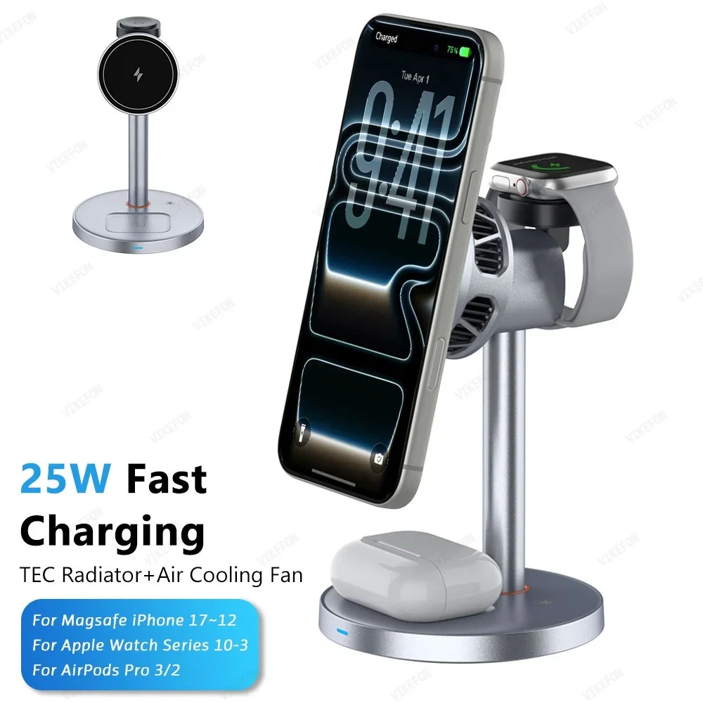 3-in-1-tec冷却機能搭載-25w-ワイヤレス充電器。magsafe対応-iphone-17、16-pro-max、apple-watch-11-3、airpods-pro-3-2に対応。急速充電ステーション。