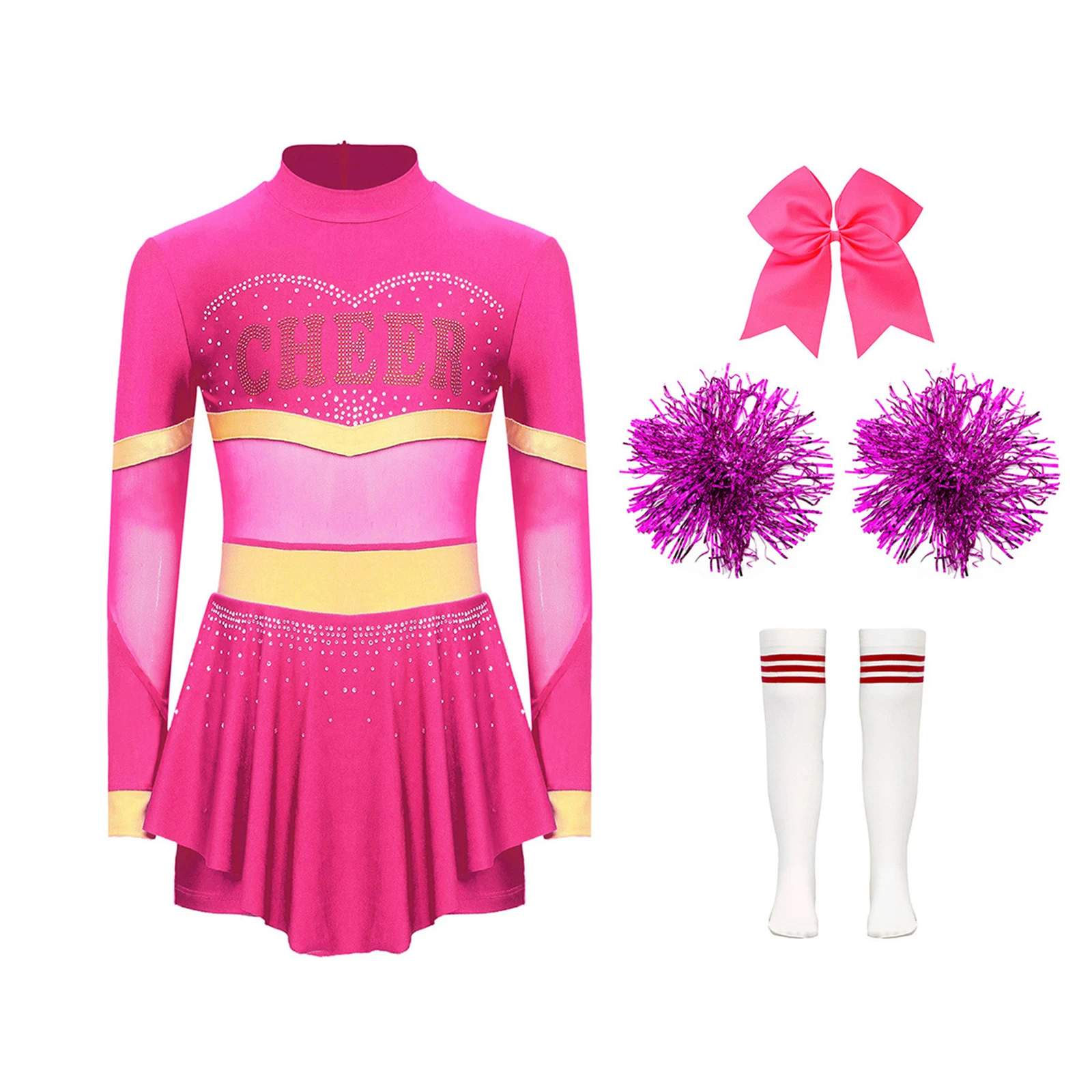 Girls Cheerleader Costume Kid Cheerleading Uniform Children Long Sleeve Cheer Dance Dress Hand Flower Socks Stage Dancewear Sets