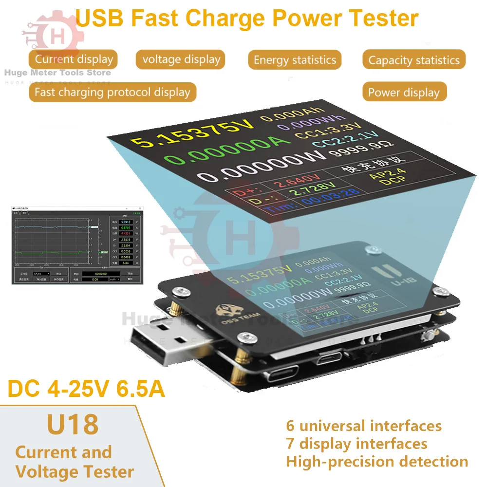 

USB Power Meter Tester Fast Charge Power Tester 1.77-inch HD Display PD QC 3.0 Protocol Voltage Current Multi Tester DC 4-25V