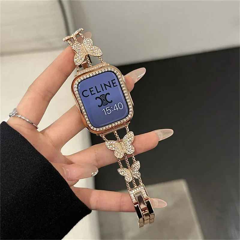 Luxury Butterfly Rhinestone Watch Band Women Bracelet for Apple Watch 38mm 40 42 49 44mm 9 8 7 6 5 for IWatch Ultra Strap Correa