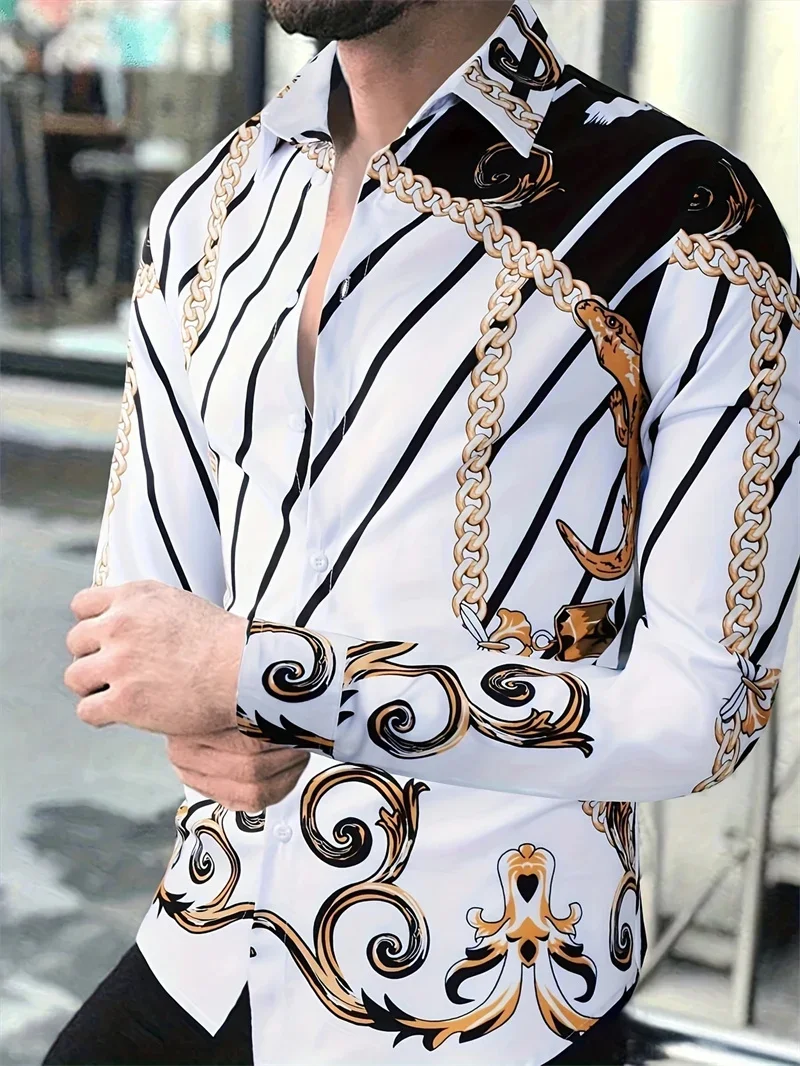 Men's Retro Business Men's Shirt 3D Printed Retro Simple Printed Long Sleeve Casual Shirt Thin Comfortable Fashion Casual Collar