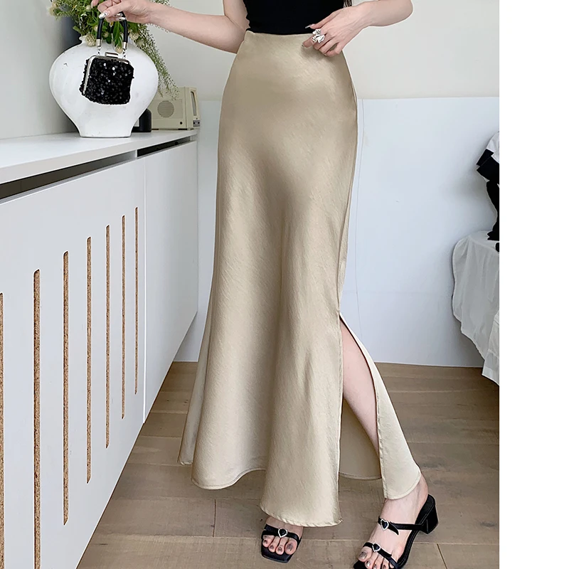 Koreańska moda z wysokim stanem kobiety satynowe spódnice boczne rozcięcie Casual długie spódnice damskie 2024 nowe eleganckie biurowa, damska spódnice letnie