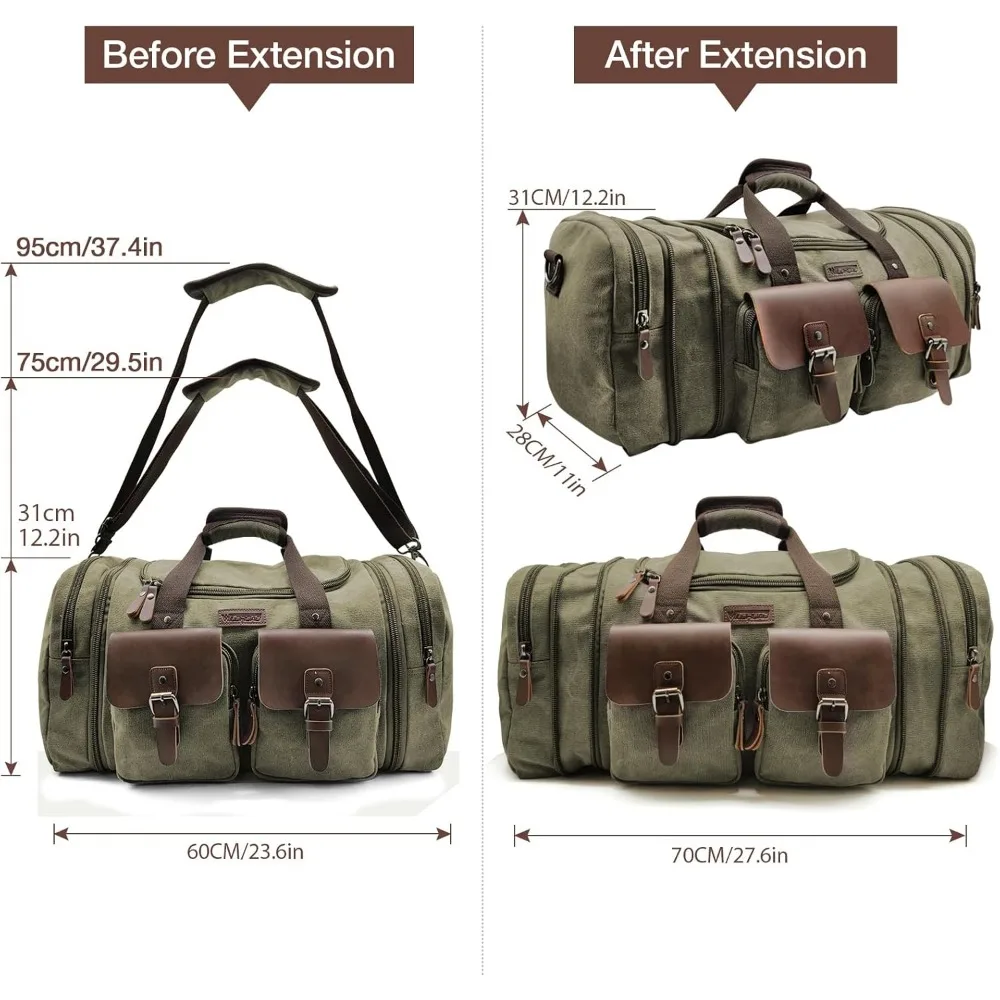 حقيبة سفر جلدية قابلة للتوسيع من القماش الخشن - سعة 60 لترًا، عطلة نهاية أسبوع مطورة للرحلات الليلية، حقيبة حمل مثالية للتجميع