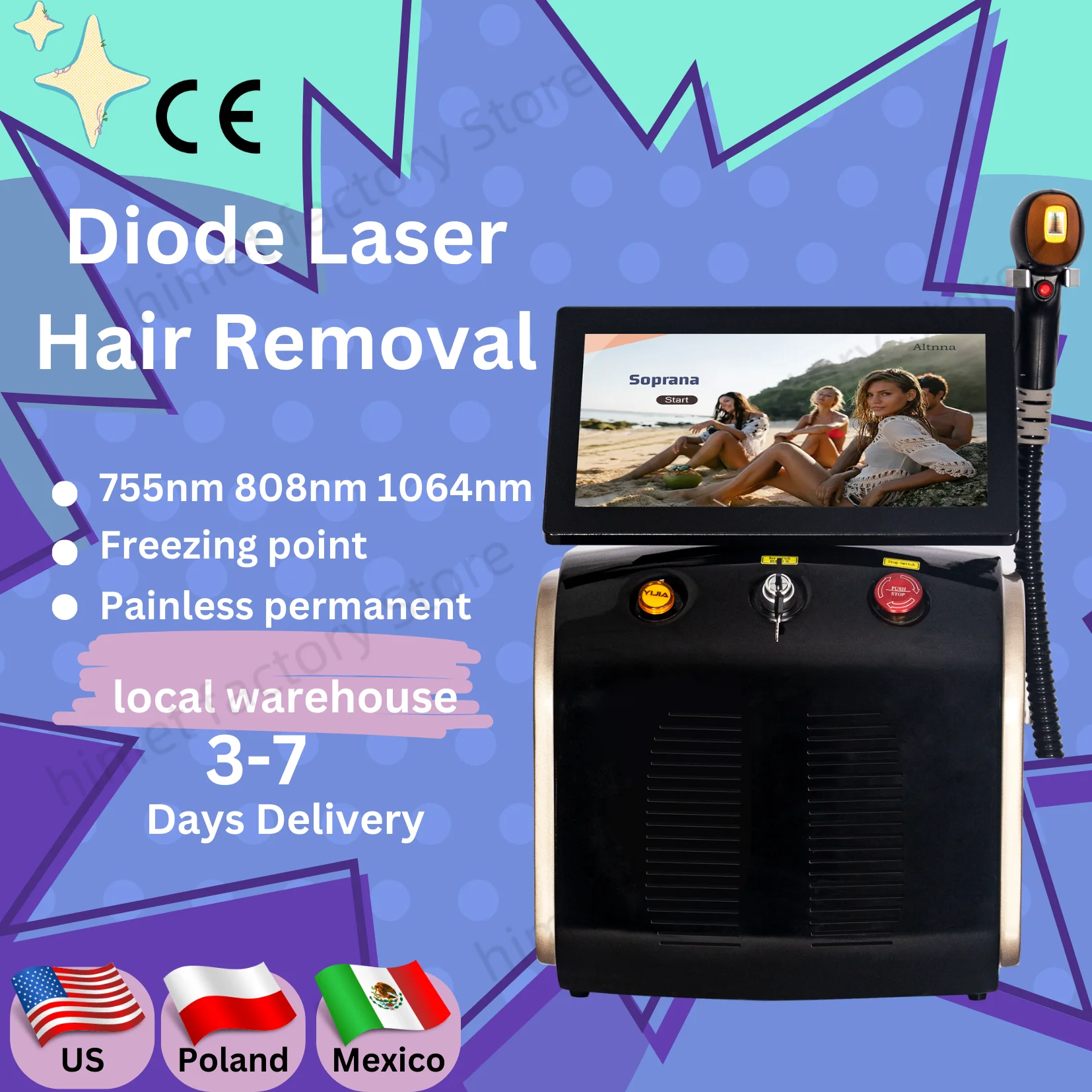 High Power Ice Painless Alexandrite Diode Laser Permanent Hair Removal Skin Rejuvenation Machine Cooling 808nm Hair Removal