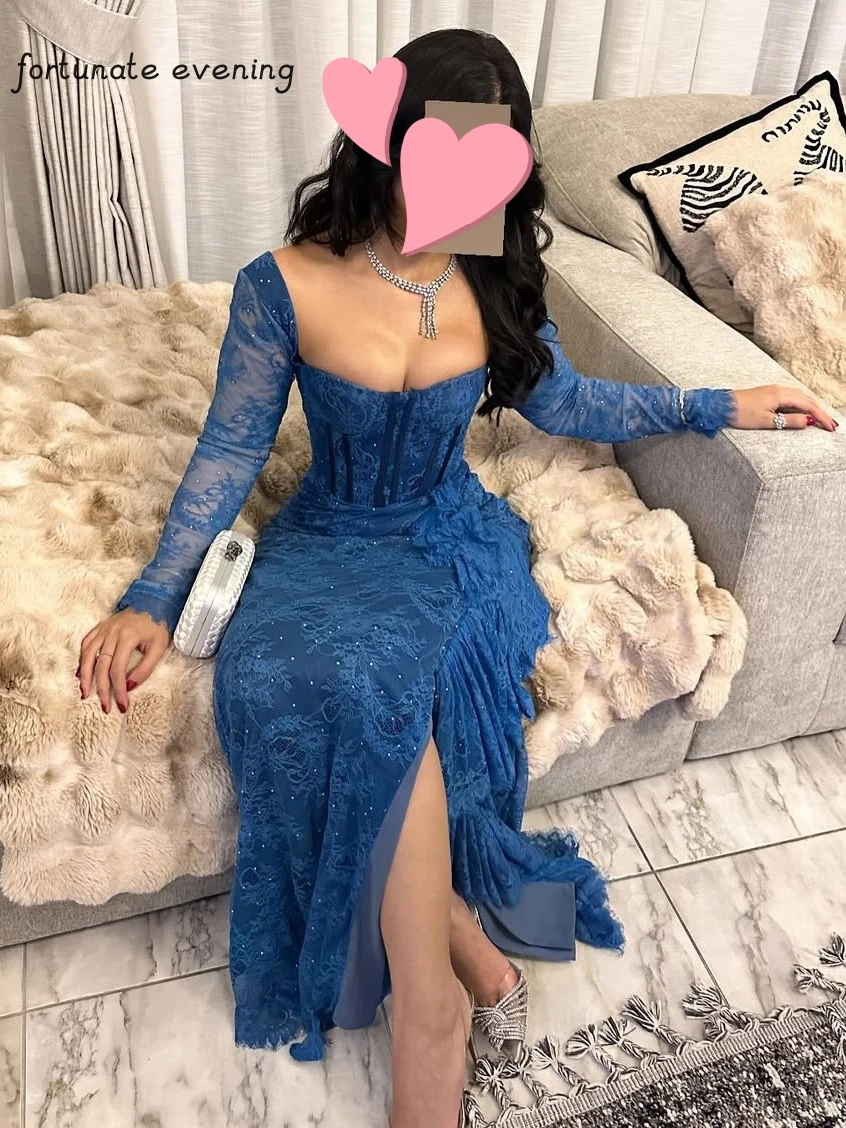 Fortunate Evening Elegant Vintage Sweet Blue Lace Pearls Mermaid Sexy Customize Formal Occasion Prom Dress Evening Party Gowns