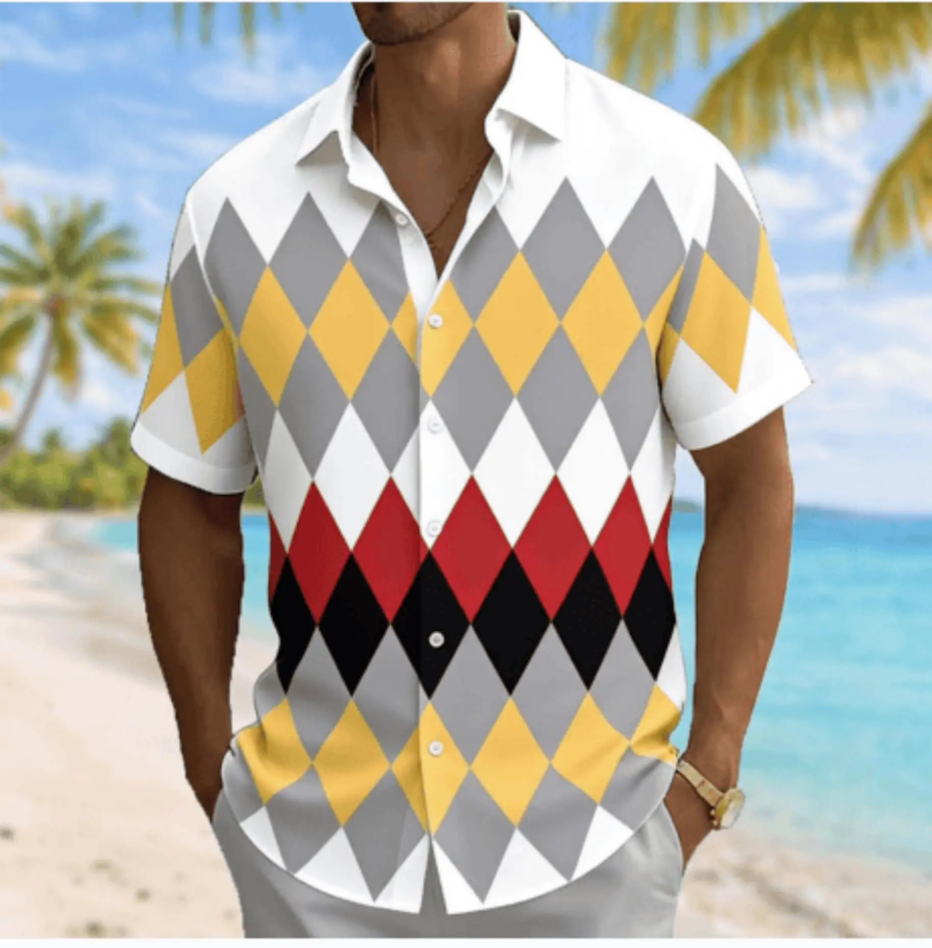 

Men's Color Block Argyle Print Short Sleeve Shirt, Spring Summer Casual Vacation Turn-Down Collar Blouse, Loose Fit Top