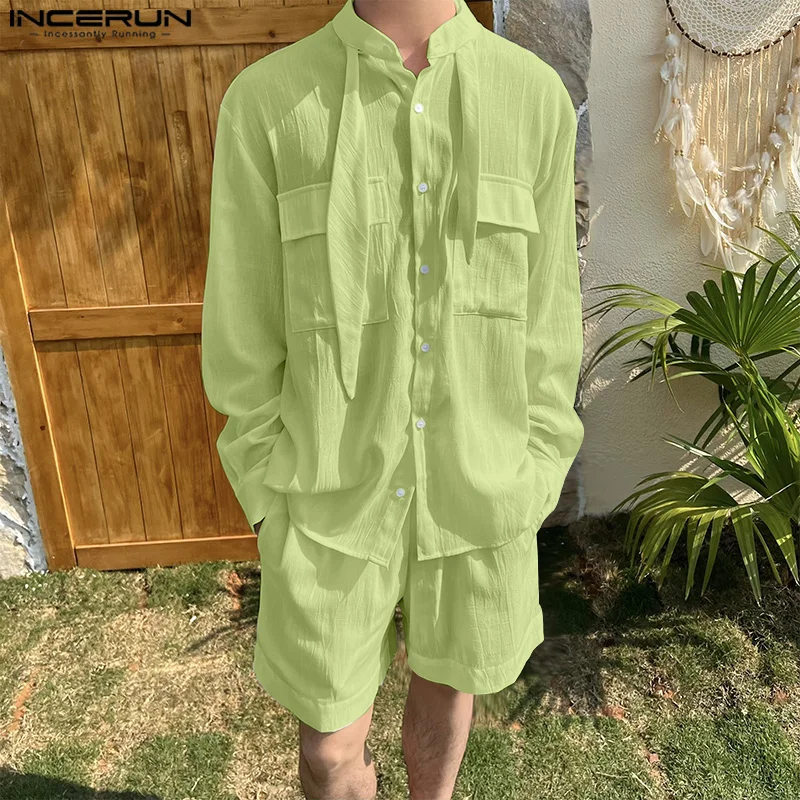 INCERUN เสื้อกันหนาวผู้ชายชุดสีทึบ OVERSIZE เสื้อแขนยาวและกางเกงขาสั้น 2PCS Streetwear ฤดูร้อน 2025 วันหยุดผู้ชายชุดลําลอง S-5XL