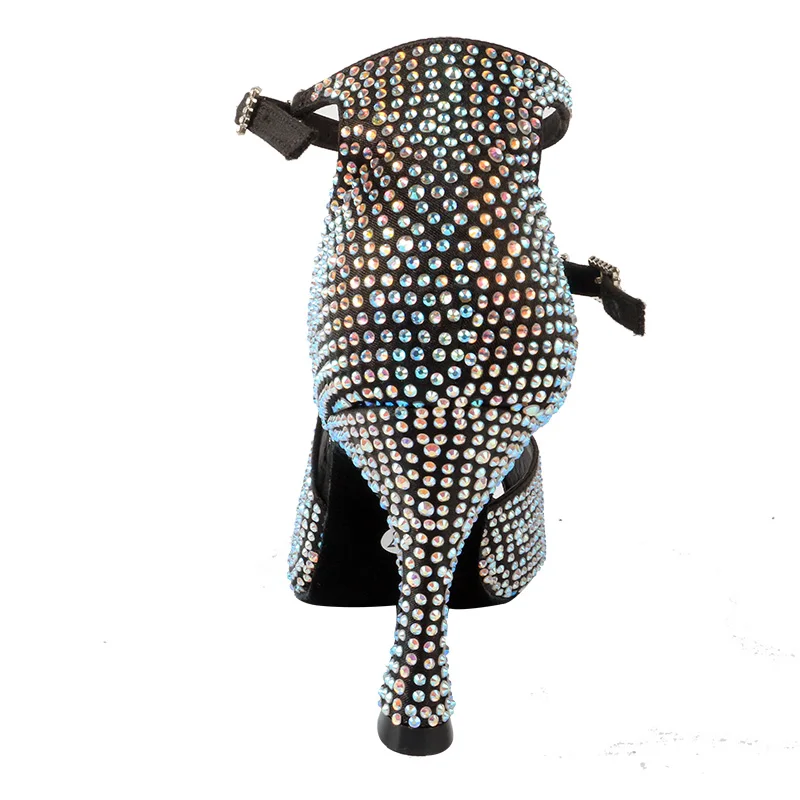 Venus Lure ที่กําหนดเองสุภาพสตรีรองเท้าเต้นรําบอลรูม Rhinestones Suede Sole ซาตินสีดําส้นเต้นรํารองเท้าแตะ 9 ซม
