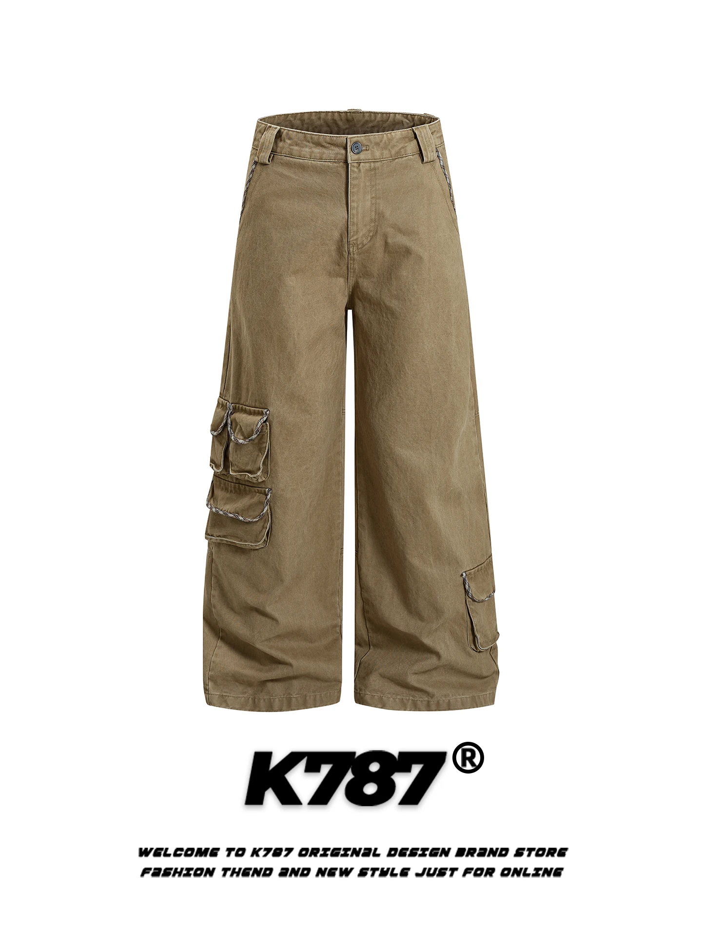 

K787 American Retro Plaid Multi-ket Work Pants Loose Vintage High Waist Wide Leg Floor-Length Trousers for Men And Women