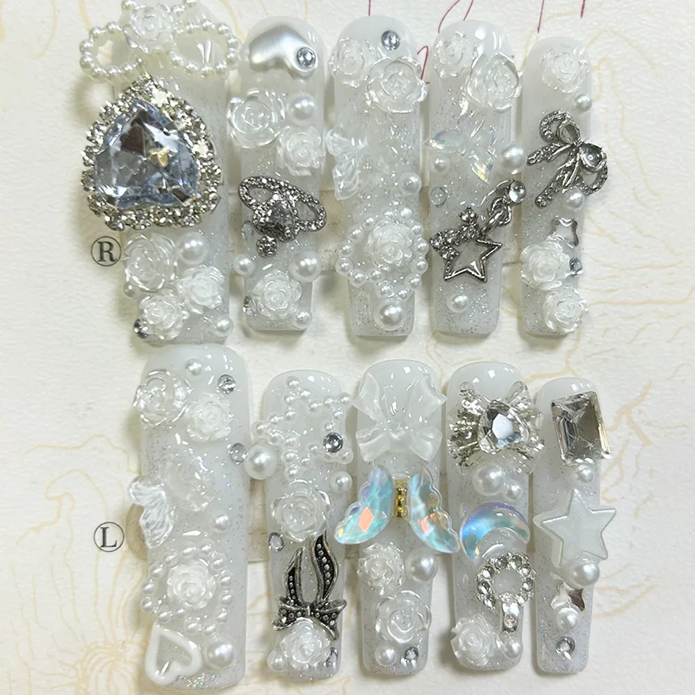 10PCS Cute Jirai Kei White Handmade Press On Nails 3D Bow Star Rose Love Diamond Glitter Fake Nails Spicy Girl Y2K Long Nail Art view 2