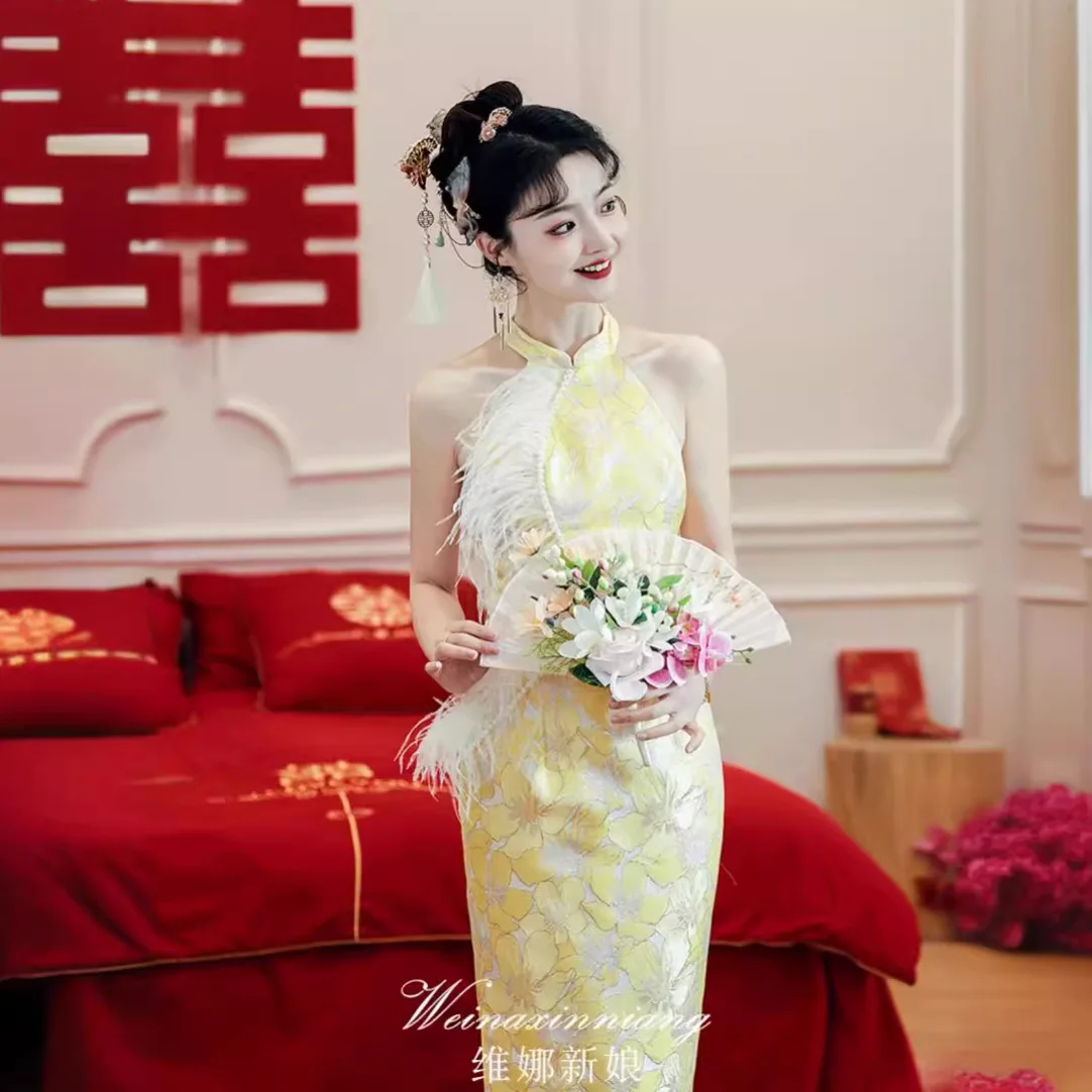 

Желтое платье-ципао в новом китайском стиле для утренних церемоний, 2026 год, для свадьбы и помолвки