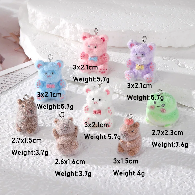 20pcs Flocking Resin Cartoon Bear Frog Charms 3D Plush Animal pendant For make Necklace keychains DIY crafts Jewelry fittings