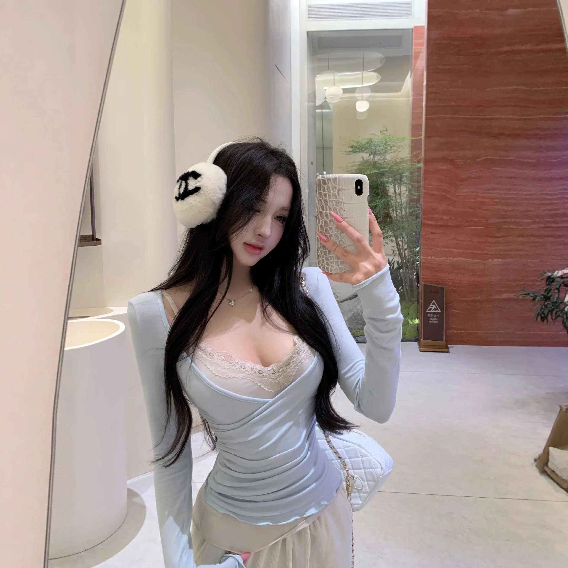 2026 New Autumn Women Ruched Slim Cross Long Sleeve T Shirt Set Waist Defined Lace Cami Tank Top 2 Piece Outfit