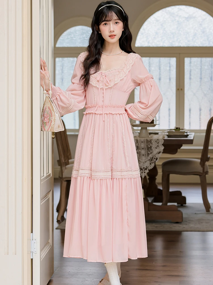 

Женское розовое повседневное длинное платье с кружевными вставками и бантом, весна-осень, корейский шик, модное платье на день рождения 2026, элегантное облегающее платье для выпускного вечера