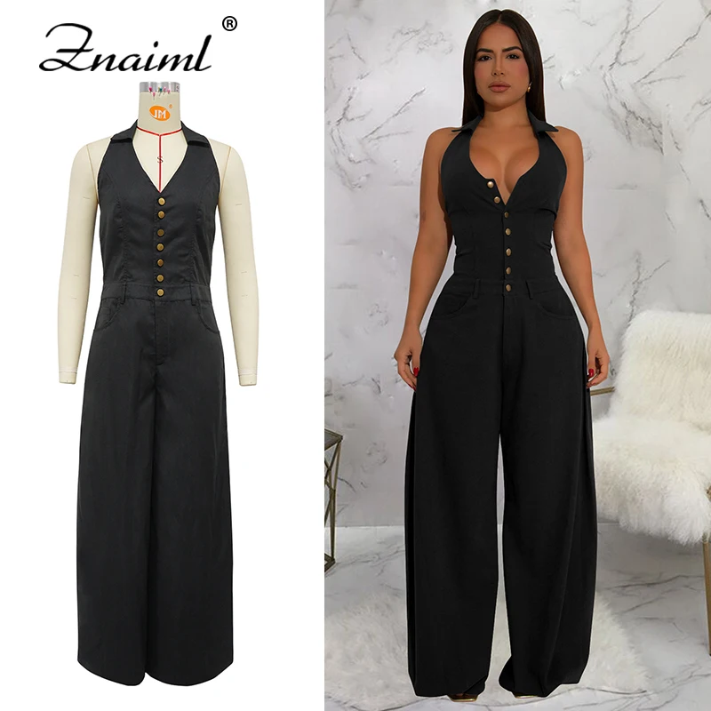

Znaiml Turn-Down Collar Halter Button Patchwork Jumpsuits Women Casual Wide Leg Pants Rompers Sleeveless Fall Winter One Pieces