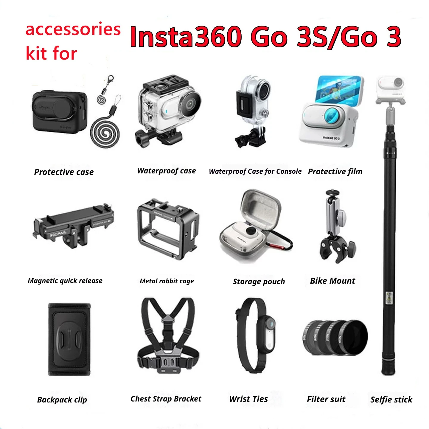 Accessories Kit for Insta360 3/3S, Include Lens Filters Carrying Case with Handle Selfie Stick, Chest Strap Backpack Strap