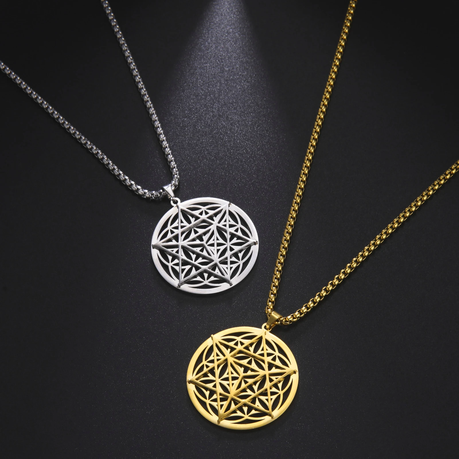 Egyptian Geometry Flower of Life Merkabah Charms Necklace Star Tetrahedron Meditation Pendant Protection Stainless Steel Jewelry