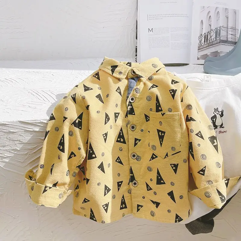 

Boys Clothes Spring New Fashion Korean Version Lapel Spliced Pocket Single-breasted Geometric Printed Long Sleeve Sweet Shirt