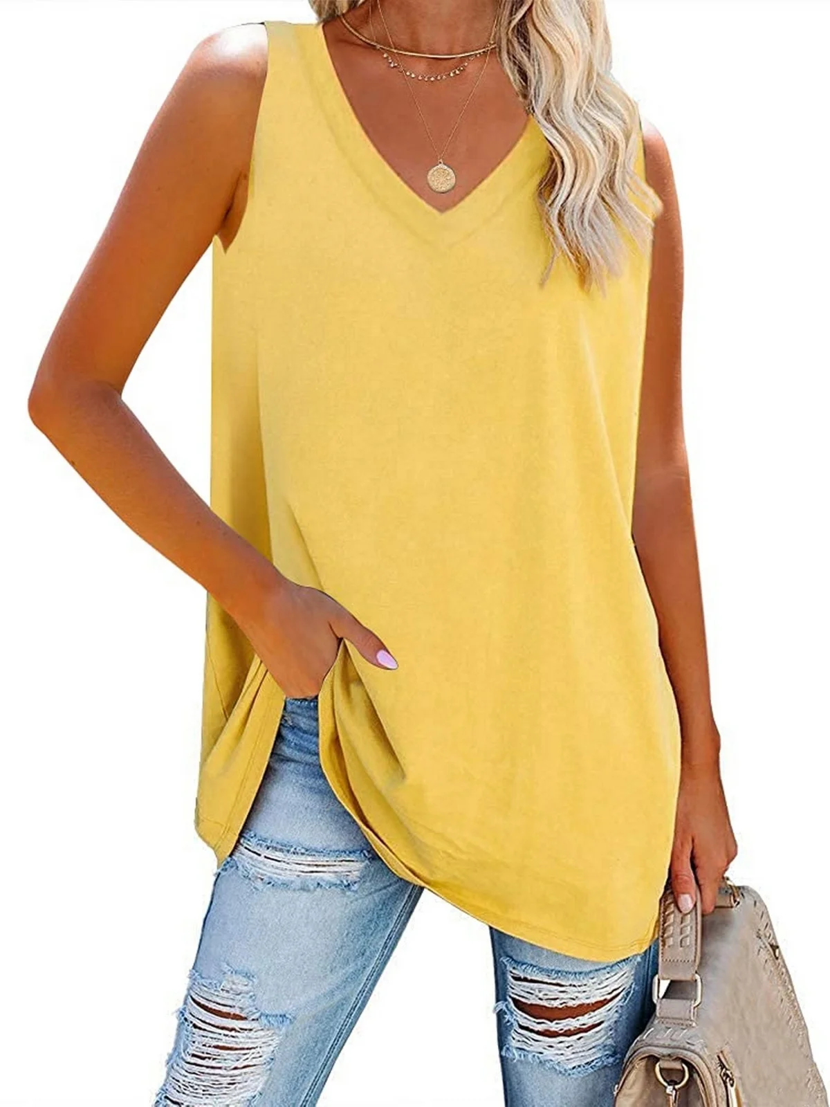 Camiseta sin mangas con cuello en V para mujer, Camisetas básicas simples de Color sólido, Jersey informal holgado, Tops suaves, ropa estética de verano