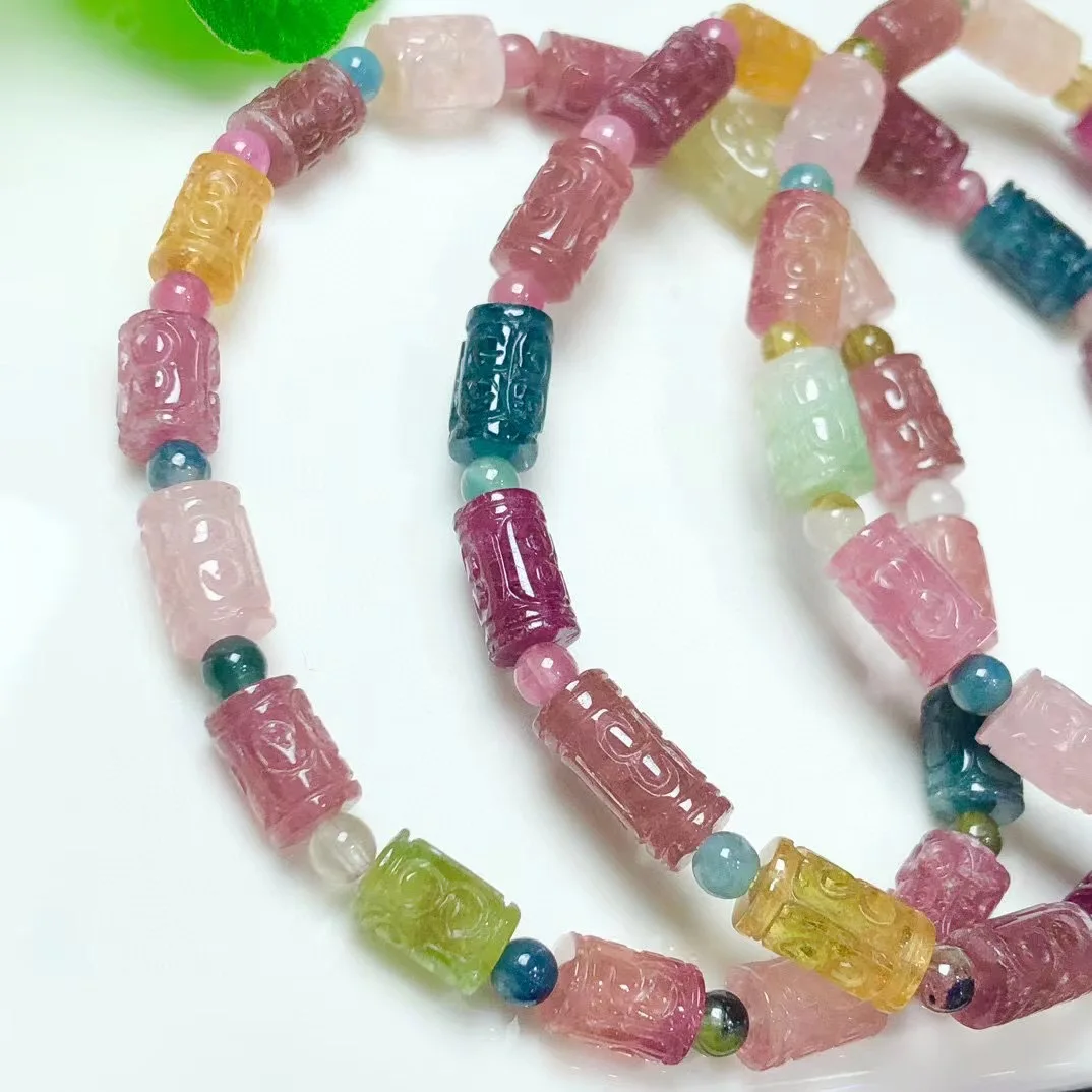 1 Pc Fengbaowu Natural Colorful Tourmaline Bracelet Fret Barrel Beads Crystal Reiki Healing Stone Fashion Jewelry Gift Women