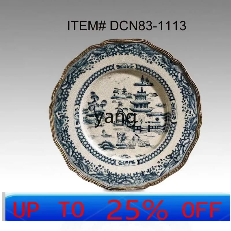 Lmm  Retro Blue and White Ceramic Inlaid Copper Wall Hangings Decorative Hanging Plate