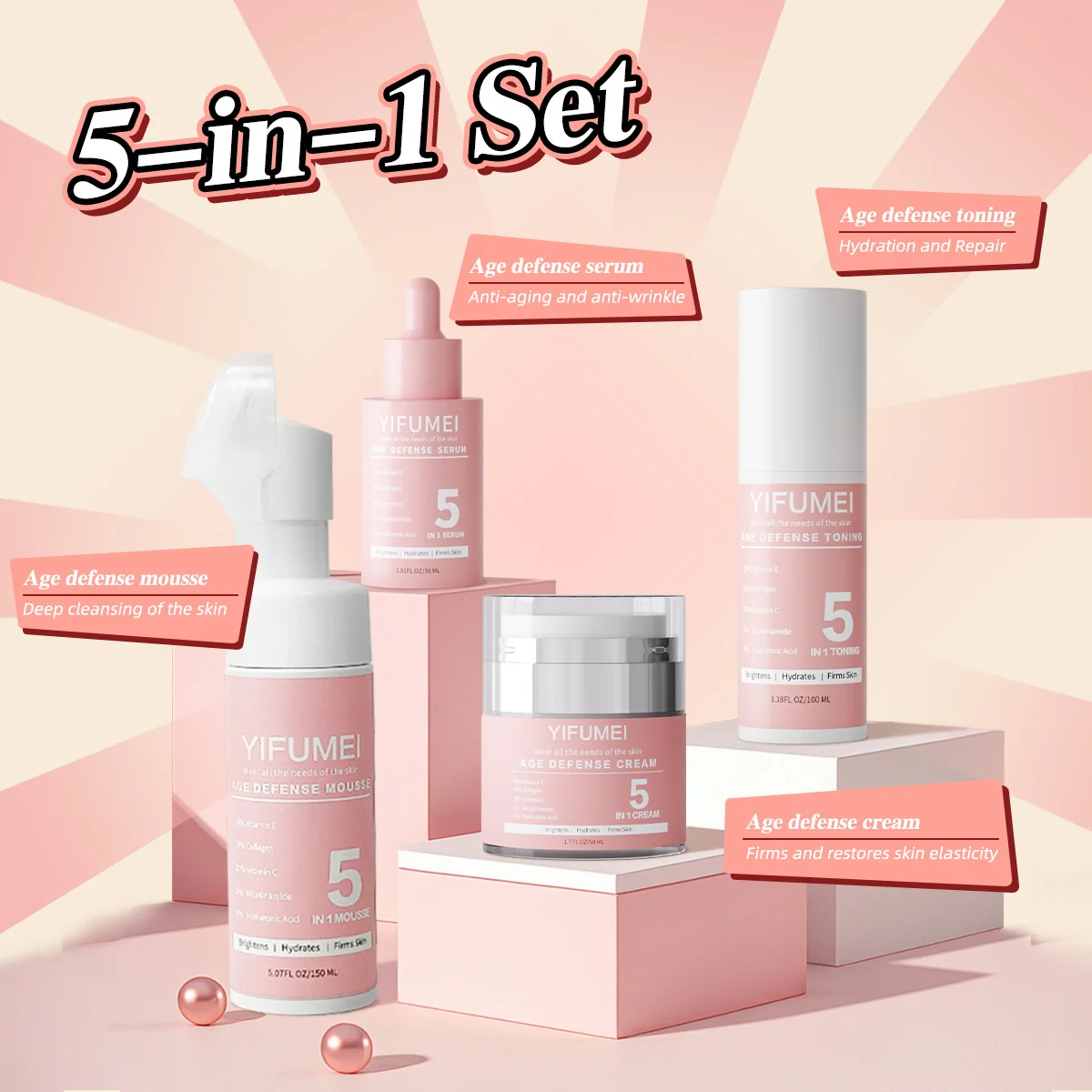 Cosméticos Conjuntos para el cuidado de la piel - Kit facial 5 en 1 con vitamina C - Productos para el cuidado de la piel facial hidratantes y iluminadores antiarrugas