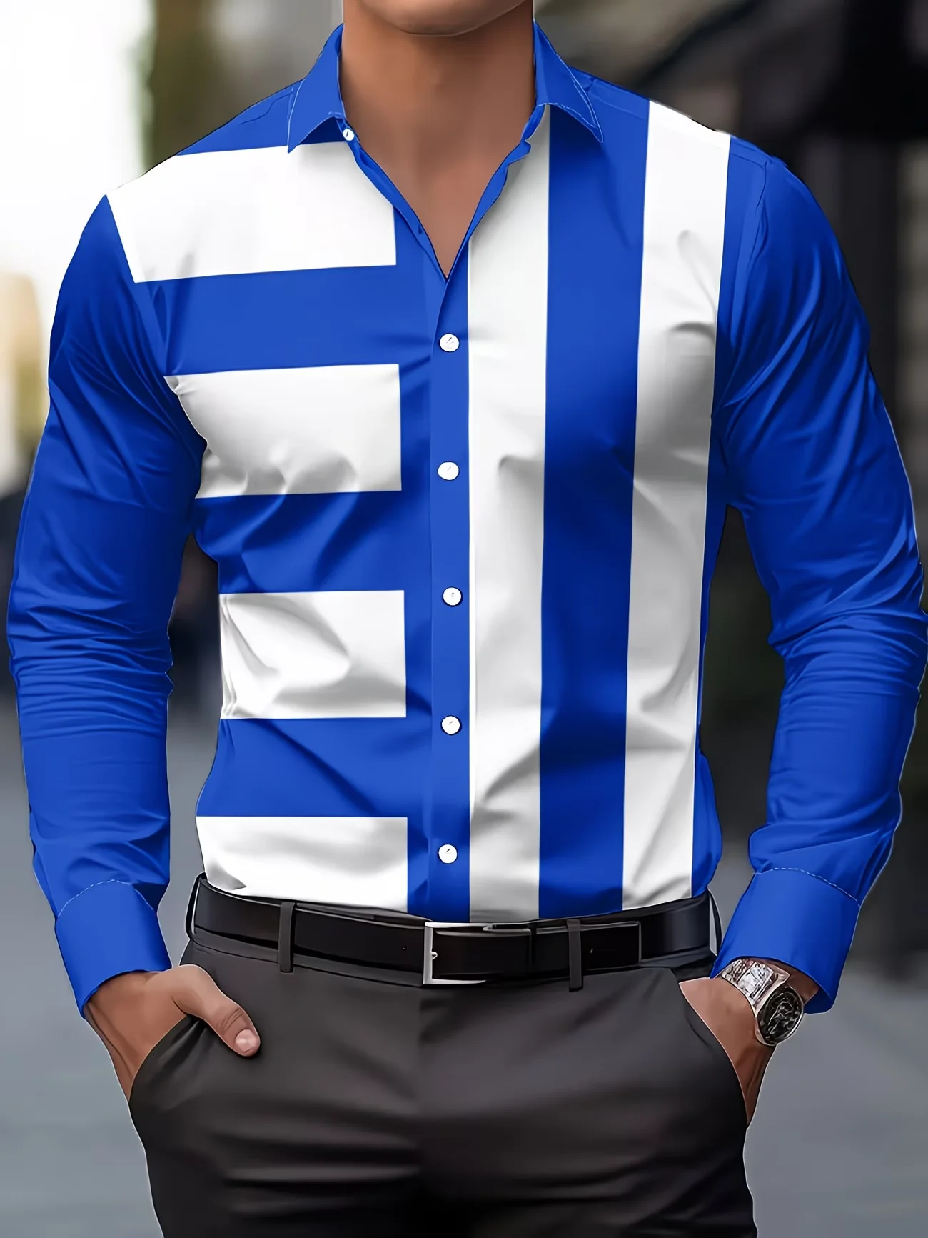 New blue and white contrasting geometric stripe men's long sleeved shirt slim fit commuting casual shirt